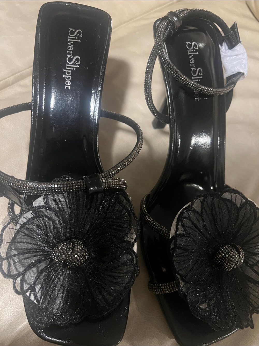 Silver Slipper Black Floral Evening Heels